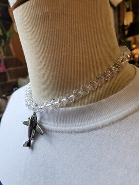 Silver Airplane Pendant Necklace with Clear Beads - Unisex Jewelry